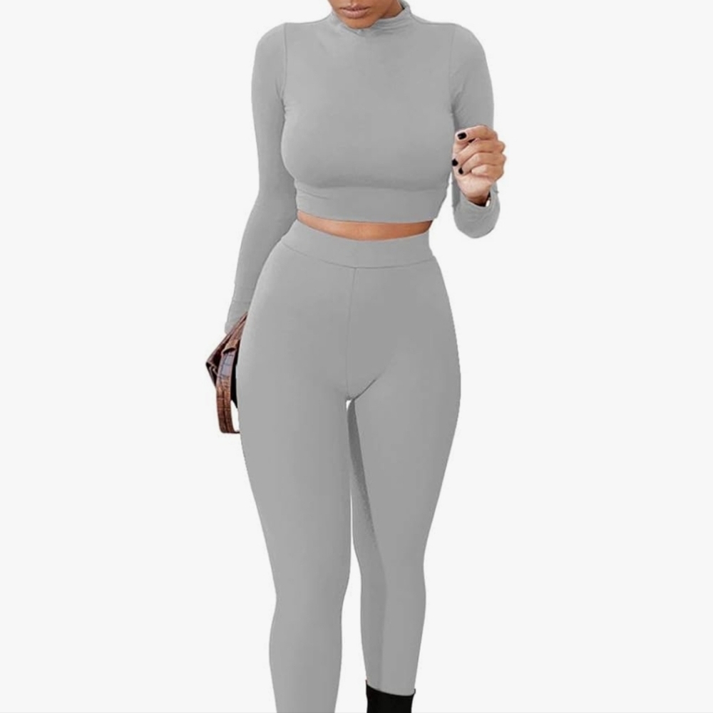 Women's Grey 2 Piece Outfits Long Sleeve Crop Top Pants Set NWT Sz XL